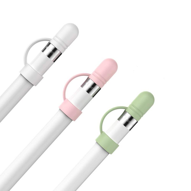 AhaStyle 3 Pack Cap Replacement Holder with Anti-Lost Strap Silicone Protective Cap Cover for Apple Pencil 1st Generation(White, Pink, Avocado Green) - Image 1